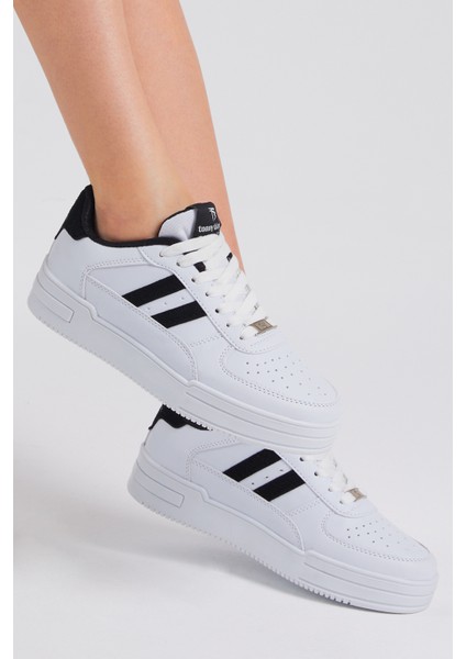 Unisex Beyaz Siyah Yanı Çizgili Bağcıklı Rahat Kalıp Sneaker