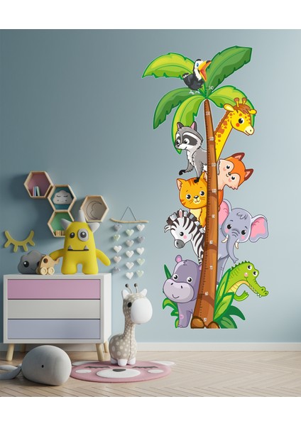 Sevimli Safari Hayvanlar Temalı Boy Ölçer Çocuk Odası Çok Amaçlı Dolap , Duvar Sticker Seti