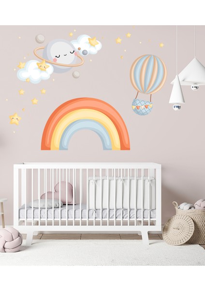Sevimli Ay Bulut, Gökkuşağı ve Yıldızlar Çocuk Odası Çok Amaçlı Dolap Duvar Sticker