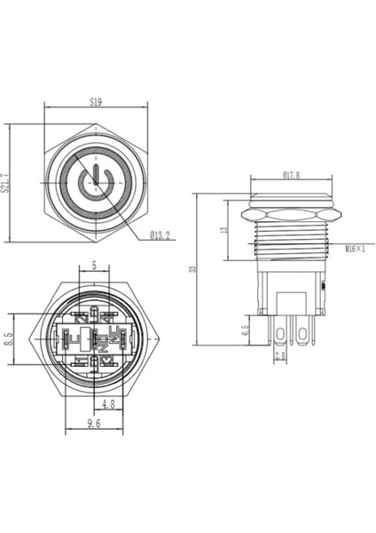 16A-P1Z-EC 16MM Düz Anahtarlı Işıklı Power Metal Buton - Mavi