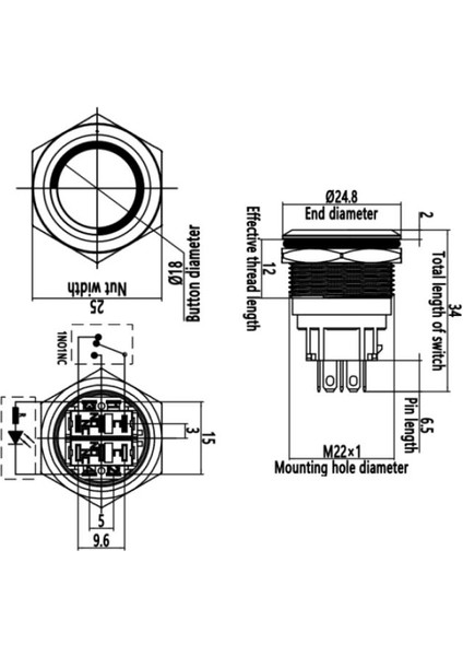 22B-P1Z-E 22MM Düz Anahtarlı Işıklı Metal Buton - Kırmızı