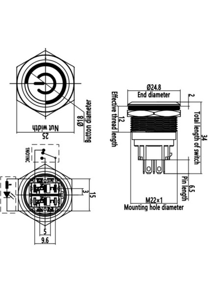 22B-P1Z-EC 22MM Düz Anahtarlı Işıklı Power Metal Buton - Beyaz