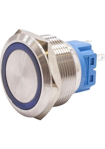 25B-P1-E 25MM Düz Yaylı Işıklı Metal Buton - Mavi