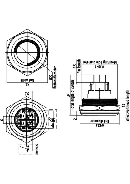 30B-G1Z-E 30MM Çıkık Anahtarlı Işıklı Metal Buton - Yeşil