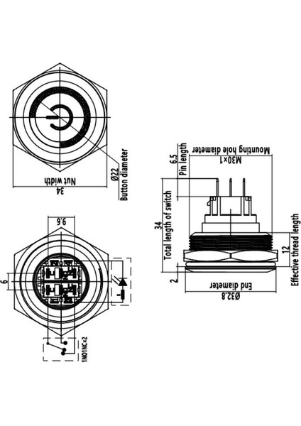 30B-P1Z-EC 30MM Düz Anahtarlı Işıklı Power Metal Buton - Mavi