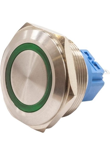 28B-P1-E 28MM Düz Yaylı Işıklı Metal Buton - Yeşil