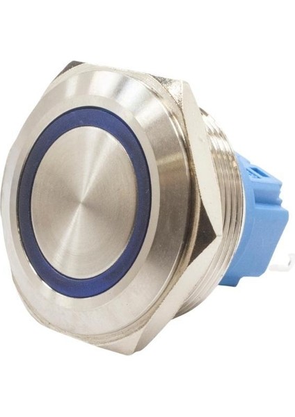 28B-P1-E 28MM Düz Yaylı Işıklı Metal Buton - Mavi