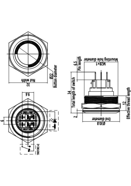 28B-P1Z-E 28MM Düz Anahtarlı Işıklı Metal Buton - Yeşil