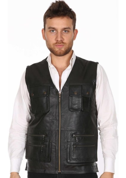 s Deri Siyah Düğmeli Fermuarlı Avcı Erkek Yelek