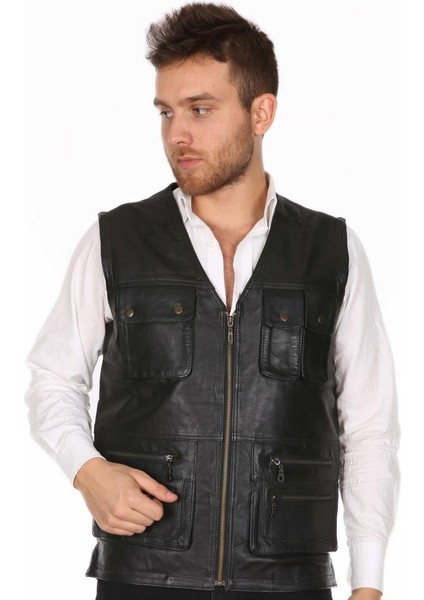 s Deri Siyah Düğmeli Fermuarlı Avcı Erkek Yelek fiyatları