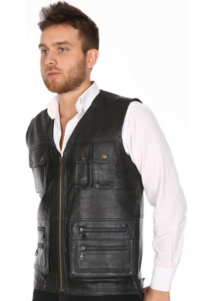 s Deri Siyah Düğmeli Fermuarlı Avcı Erkek Yelek modelleri