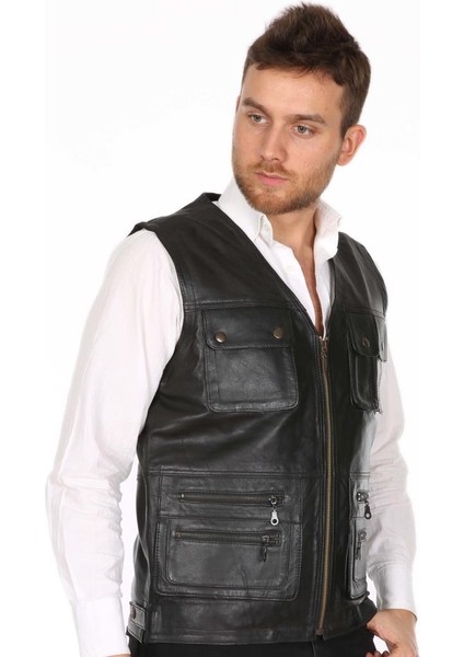 s Deri Siyah Düğmeli Fermuarlı Avcı Erkek Yelek fırsatları