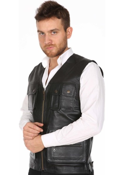 s Deri Siyah Düğmeli Fermuarlı Avcı Erkek Yelek indirimleri