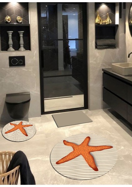 Sea Star, Kaymaz, Pamuk Taban Yuvarlak Banyo Halısı (100X100-60X60-40X60 cm 3'lü Set)