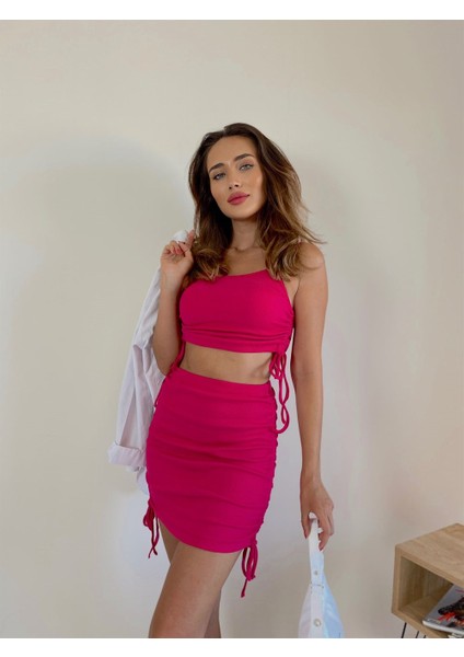 Rose Büzgü Detay Ince Askılı Üst ve Etek Ikili Takım modelleri