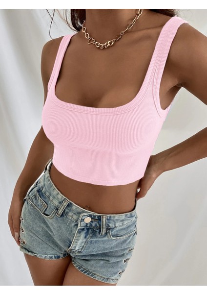 Kadın Pembe Askılı Crop Top Bluz