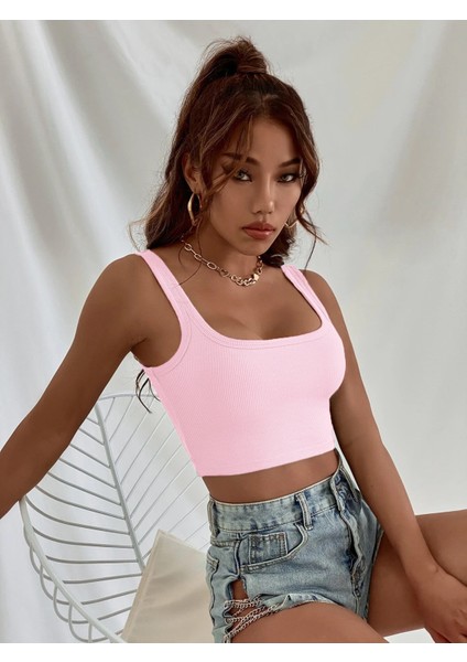 Kadın Pembe Askılı Crop Top Bluz