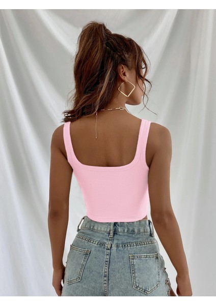Kadın Pembe Askılı Crop Top Bluz