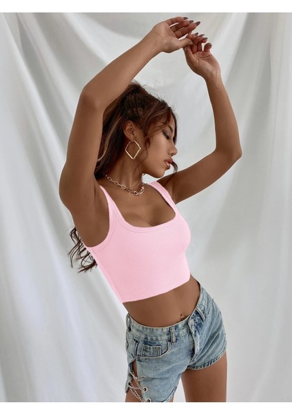 Kadın Pembe Askılı Crop Top Bluz