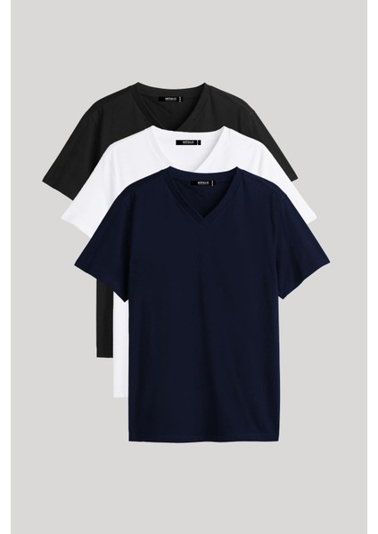 Metalıc Erkek Çok Renkli T- Shirt Regular Fit Rahat Kesim V Yaka 3'lü Basic Tişört Paketi
