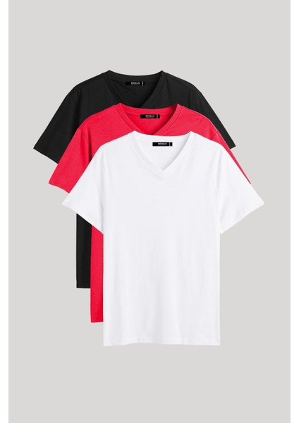 Metalıc Erkek Çok Renkli T- Shirt Regular Fit Rahat Kesim V Yaka 3'lü Basic Tişört Paketi