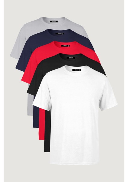 Metalıc Erkek Çok Renkli T- Shirt Regular Fit Rahat Kesim Bisiklet Yaka 5'li Basic Tişört Paketi