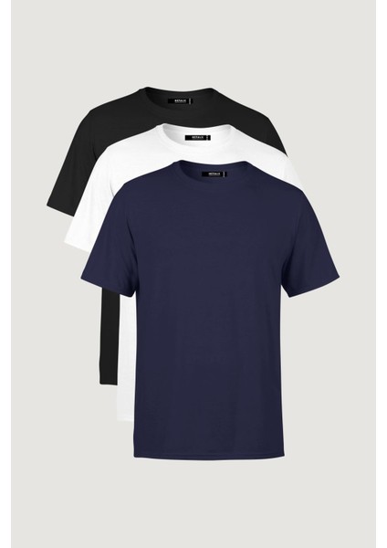 Metalıc Erkek Çok Renkli T- Shirt Regular Fit Rahat Kesim Bisiklet Yaka 3'lü Basic Tişört Paketi