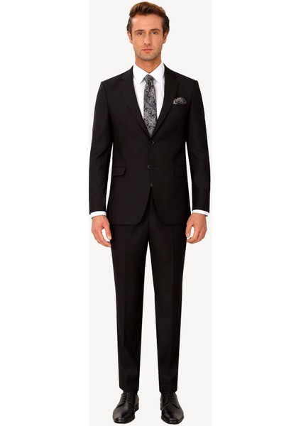 Erkek Siyah Regular Fit Çift Yırtmaç %100 Yün Takım Elbise