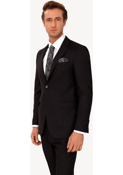 Erkek Siyah Regular Fit Çift Yırtmaç %100 Yün Takım Elbise modelleri