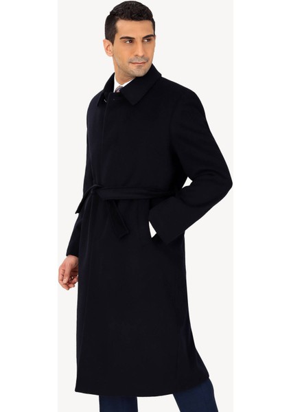 Erkek Lacivert Regular Fit Kaşmir Uzun Kuşaklı Palto modelleri