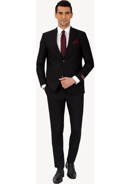 Erkek Siyah Slim Fit %100 Yün Takım Elbise