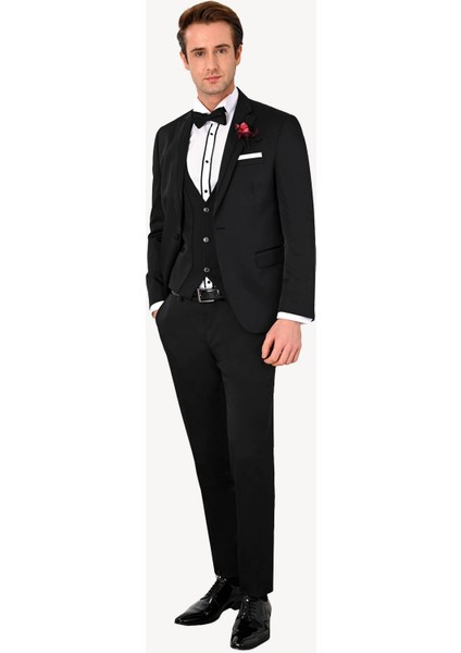 Erkek Siyah Yelekli Kırlangıç Yaka Slim Fit Damatlık