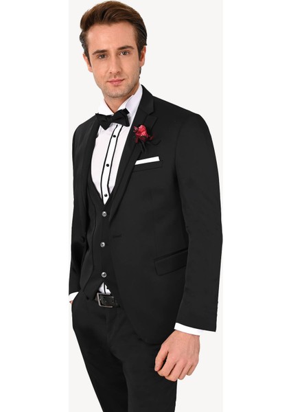 Erkek Siyah Yelekli Kırlangıç Yaka Slim Fit Damatlık fırsatları