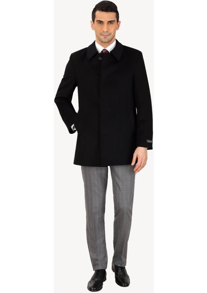 Erkek Siyah Regular Fit Kaşmir Kısa Kaban