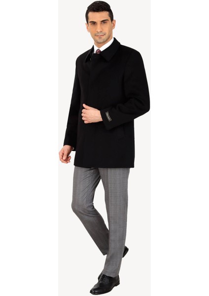 Erkek Siyah Regular Fit Kaşmir Kısa Kaban