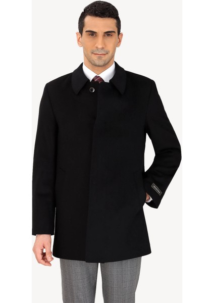 Erkek Siyah Regular Fit Kaşmir Kısa Kaban