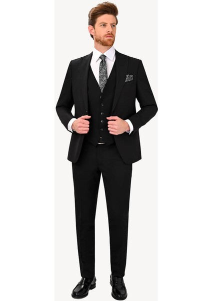 Erkek Siyah Sivri Yaka Yelekli Slim Fit Takım Elbise