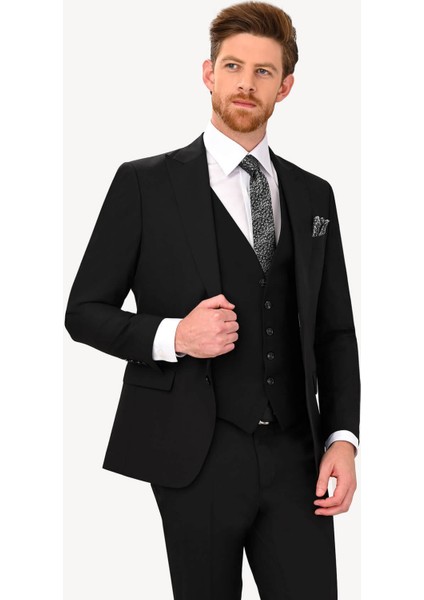 Erkek Siyah Sivri Yaka Yelekli Slim Fit Takım Elbise fiyatları