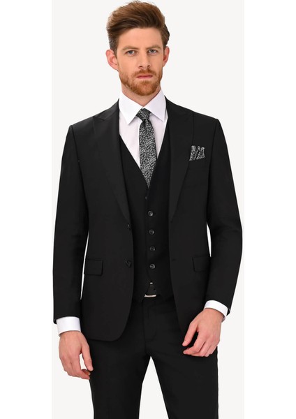 Erkek Siyah Sivri Yaka Yelekli Slim Fit Takım Elbise modelleri