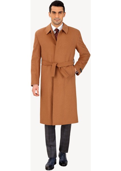 Erkek Camel Regular Fit Kaşmir Uzun Kuşaklı Palto