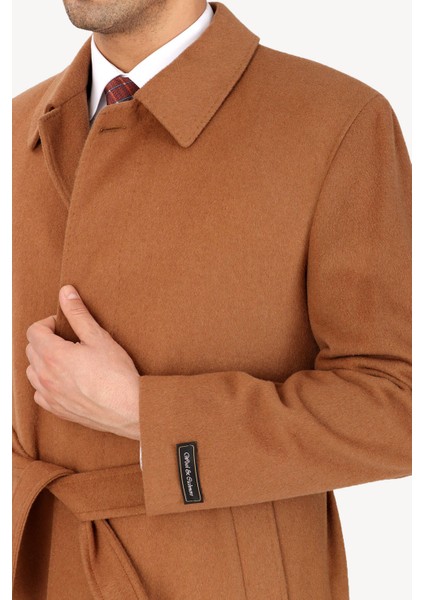 Erkek Camel Regular Fit Kaşmir Uzun Kuşaklı Palto fırsatları