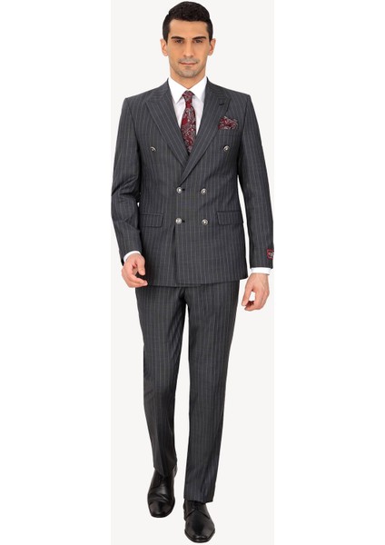 Erkek Füme Çizgili Regular Fit Kruvaze Takım Elbise