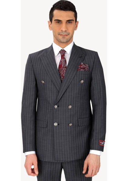 Erkek Füme Çizgili Regular Fit Kruvaze Takım Elbise modelleri