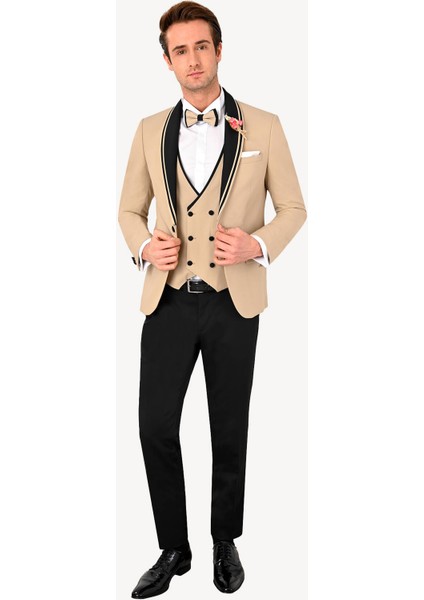 Erkek Bej Slim Fit Şal Yaka Yelekli Damatlık