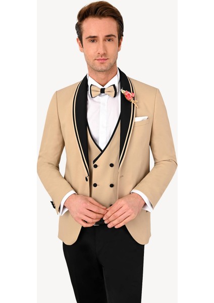 Erkek Bej Slim Fit Şal Yaka Yelekli Damatlık fiyatları