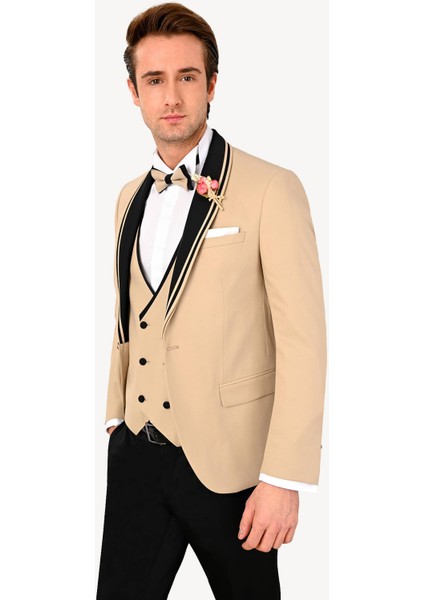 Erkek Bej Slim Fit Şal Yaka Yelekli Damatlık modelleri
