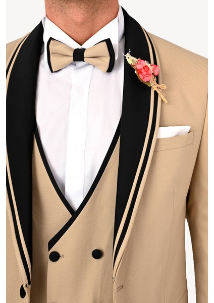 Erkek Bej Slim Fit Şal Yaka Yelekli Damatlık fırsatları