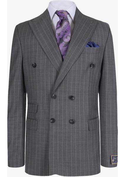 Erkek Füme Kruvaze Çizgili Regular Fit Takım Elbise