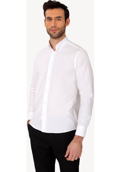Erkek Beyaz Uzun Kol Slim Fit Yaka Düğmeli Gömlek