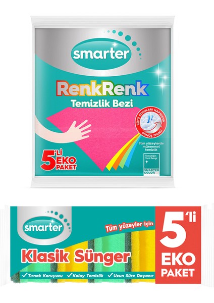 Klasik Bulaşık Süngeri 5'li + Renkrenk Temizlik Bezi 5'li